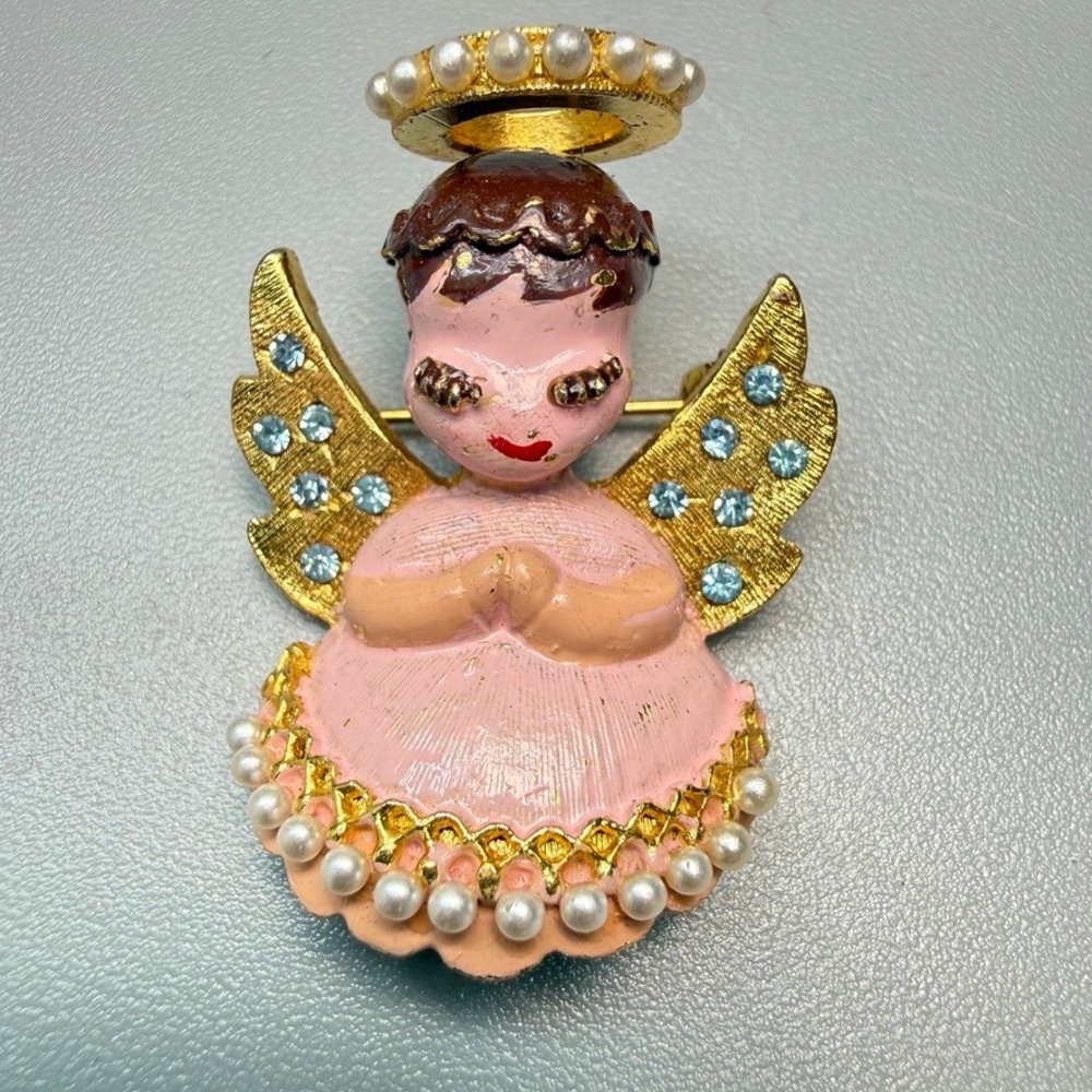 Vintage Dodds Pink Enamel Angel Brooch Cute MCM